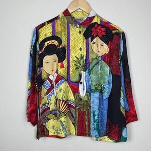 Chico's Design Geisha Shirt Women's Size 0 (4–6) 100% Silk Asian Dolman Sleeve